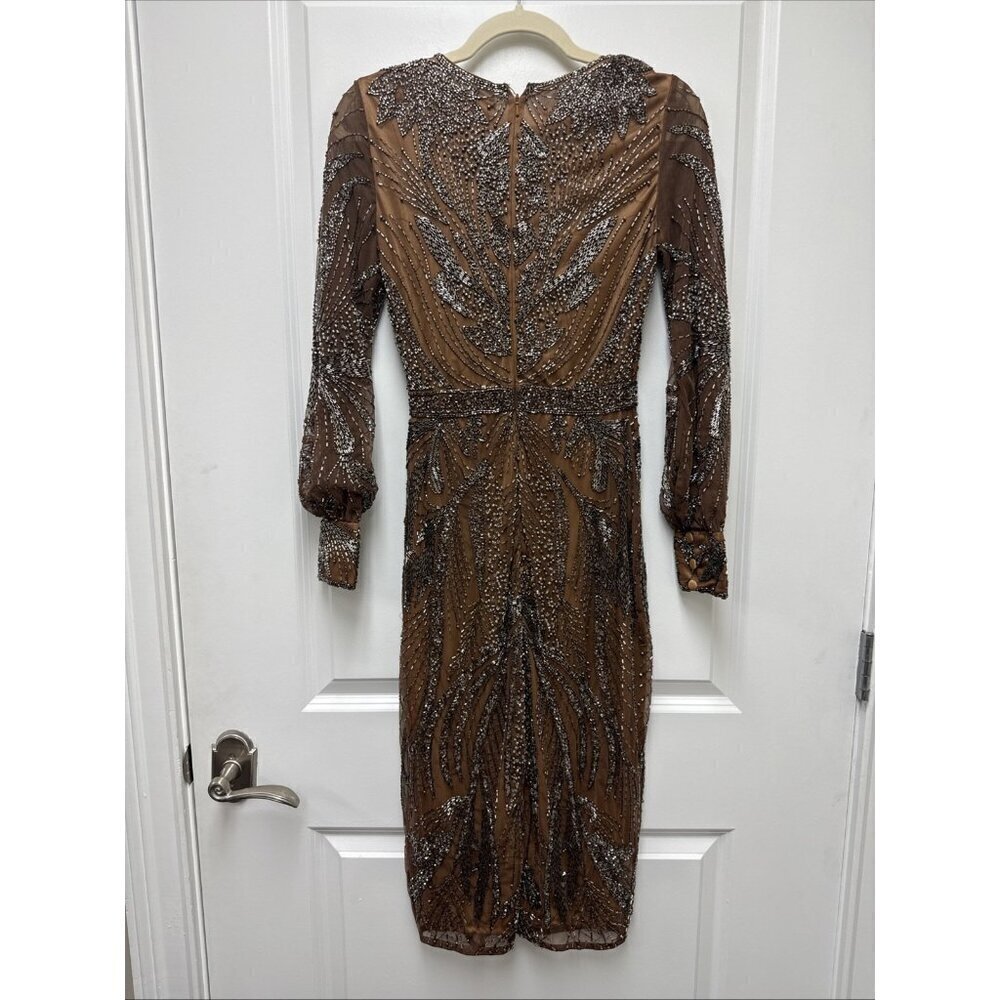 MAC DUGGAL Size 0 Brown 5295 BEADED LONG SLEEVE MIDI COCKTAIL Party DRESS  New - Picture 8 of 11